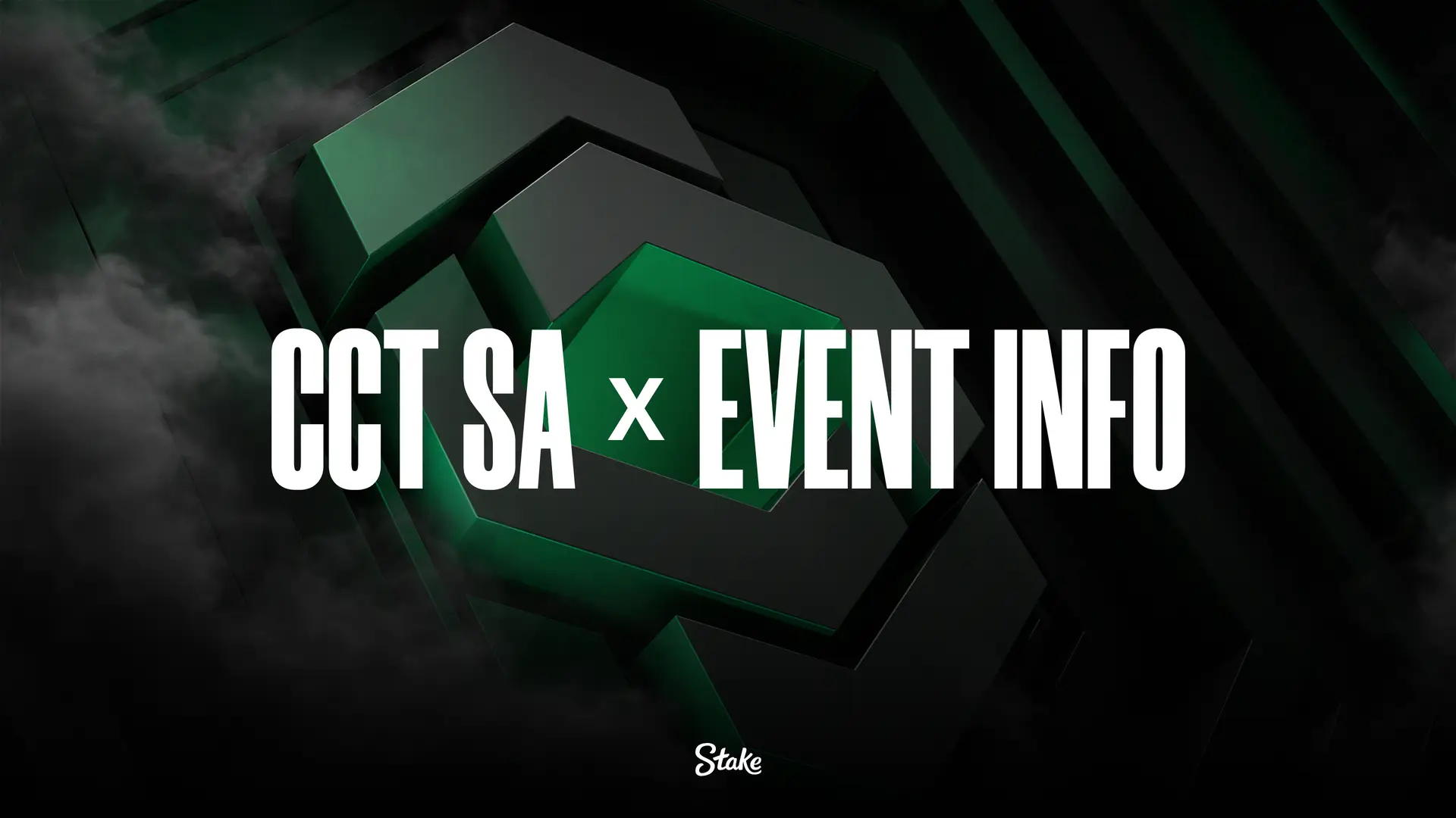 Dark-themed promotional graphic with green geometric shapes and smoke effects in the background. Bold white text in the center reads 'CCT SA × EVENT INFO'.